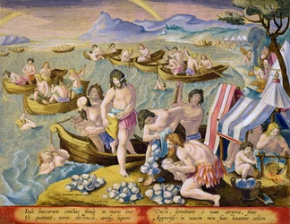 Índios de mergulho de pérolas, placa 93 de &39;Venationes Ferarum, Avium, Piscium&39; (De caça: feras, aves, peixes) gravada por Jan Collaert (1566-1628) publicado por Phillipus Gallaeus de Amesterdão (